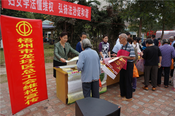 龍圩區(qū)總工會在2015年3月開展迎&ldquo;三八&rdquo;婦女維權(quán)月普法活動，以&ldquo;婦女法治懂維權(quán)，頌揚法治促和諧&rdquo;為指導(dǎo)思想，開展了以&ldquo;